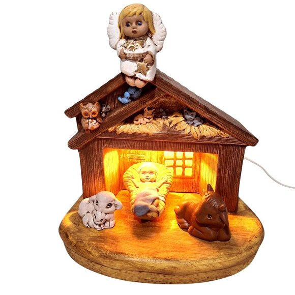 Vintage Ceramic Light Up Nativity Scene With Angel and Baby Jesus Figurines - Picture 1 of 16
